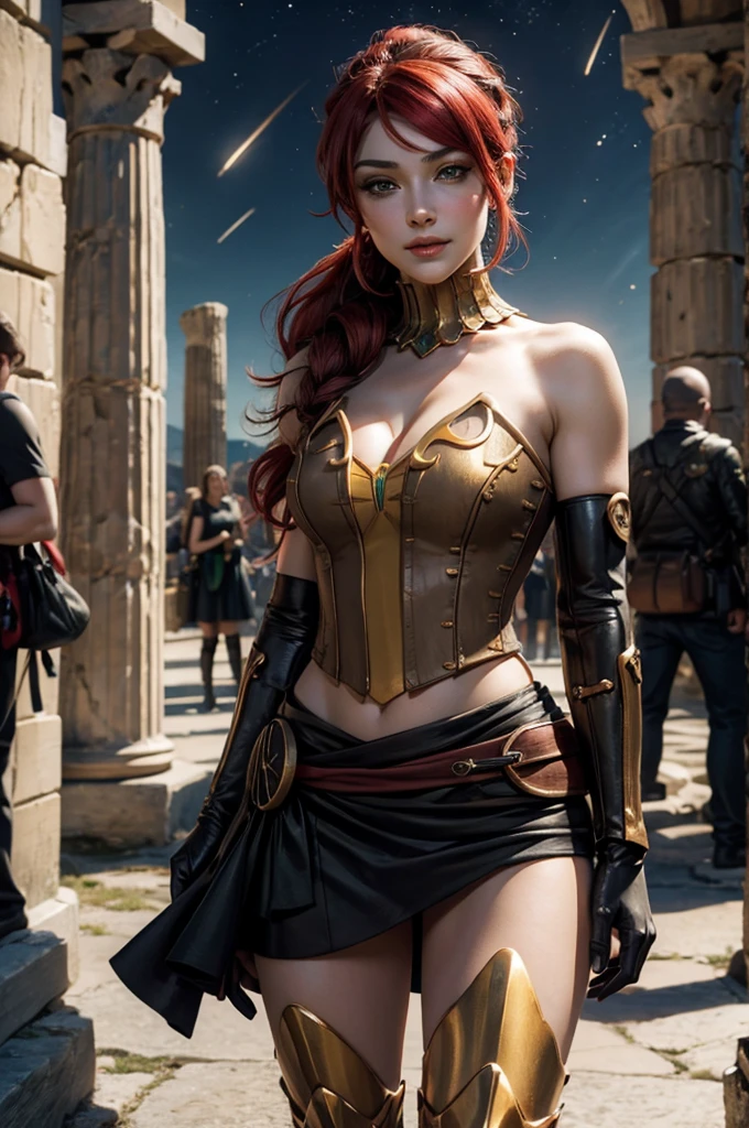 stunning girlfriend, heart shaped face, elegant face, beautiful face, highly detailed face, highly detailed skin, skin pores, subsurface scattering, realistic pupils, full lips, detailed background, depth of field, atmospheric perspective, volumetric lighting, sharp focus, absurdres, realistic proportions, good anatomy, (realistic, hyperrealistic:1.4), 16k hdr, ((best quality)), ((highly detailed)), absurdres, (detailed eyes, deep eyes), (1girl), full body, pyrrha nikos, rwby, red hair, ponytail, green eyes, medium breasts, smiling, circlet, bustier, bare shoulders, skirt, elbow gloves, bracers, armored boots, (outside, night, stars, ancient Greece, Greek architecture, (crowd wearing traditional Greek clothing))