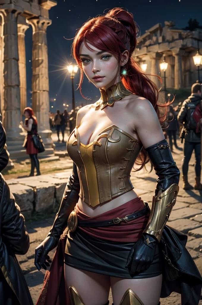 stunning girlfriend, heart shaped face, elegant face, beautiful face, highly detailed face, highly detailed skin, skin pores, subsurface scattering, realistic pupils, full lips, detailed background, depth of field, atmospheric perspective, volumetric lighting, sharp focus, absurdres, realistic proportions, good anatomy, (realistic, hyperrealistic:1.4), 16k hdr, ((best quality)), ((highly detailed)), absurdres, (detailed eyes, deep eyes), (1girl), full body, pyrrha nikos, rwby, red hair, ponytail, green eyes, medium breasts, smiling, circlet, bustier, bare shoulders, skirt, elbow gloves, bracers, armored boots, (outside, night, stars, ancient Greece, Greek architecture, (crowd wearing traditional Greek clothing))
