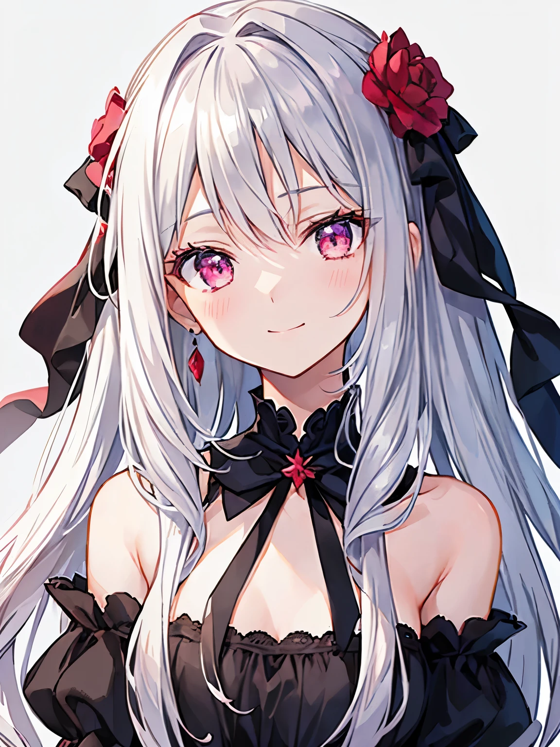 (Bestquality, Masterpiece), (An elegant girl , 1girl , solo, "black Dress", off-the-shoulder , ( "Gradient silver hair", Very Long-haired, Red ribbon,flower on hair ) , Gradient Pink Eyes , Closed Mouth , Smile , Upper Body, close up , frontal photo ) , (White Background)