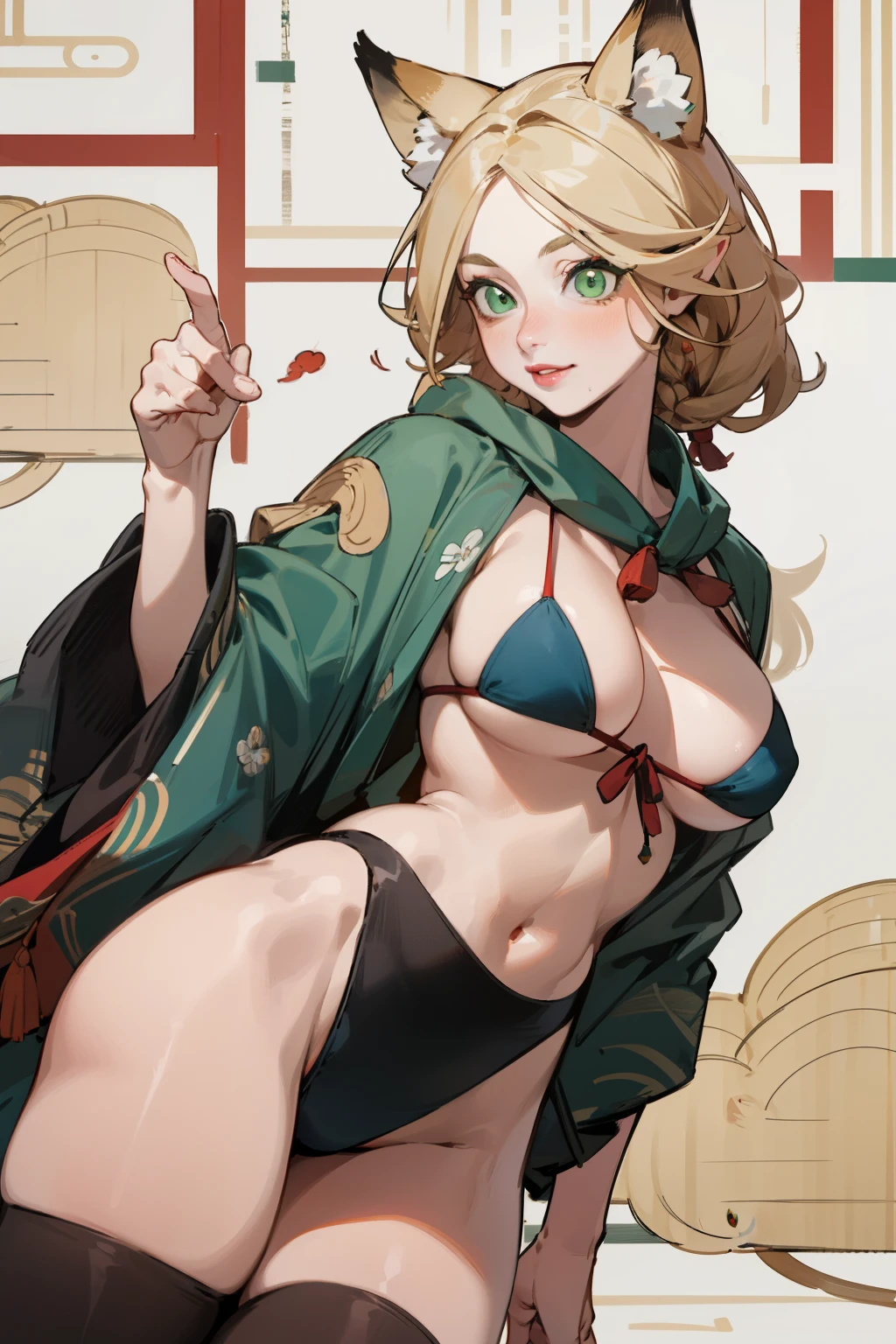 solitary, (Fox ears), Exquisite eyes, blond hair,Facial details, Green Eyes, Red Eyeshadow, lips are red, Fake laugh, Ukiyo-e, masterpiece, high quality, big breasts,Black tights,High heel,Exposing thighs,bikini