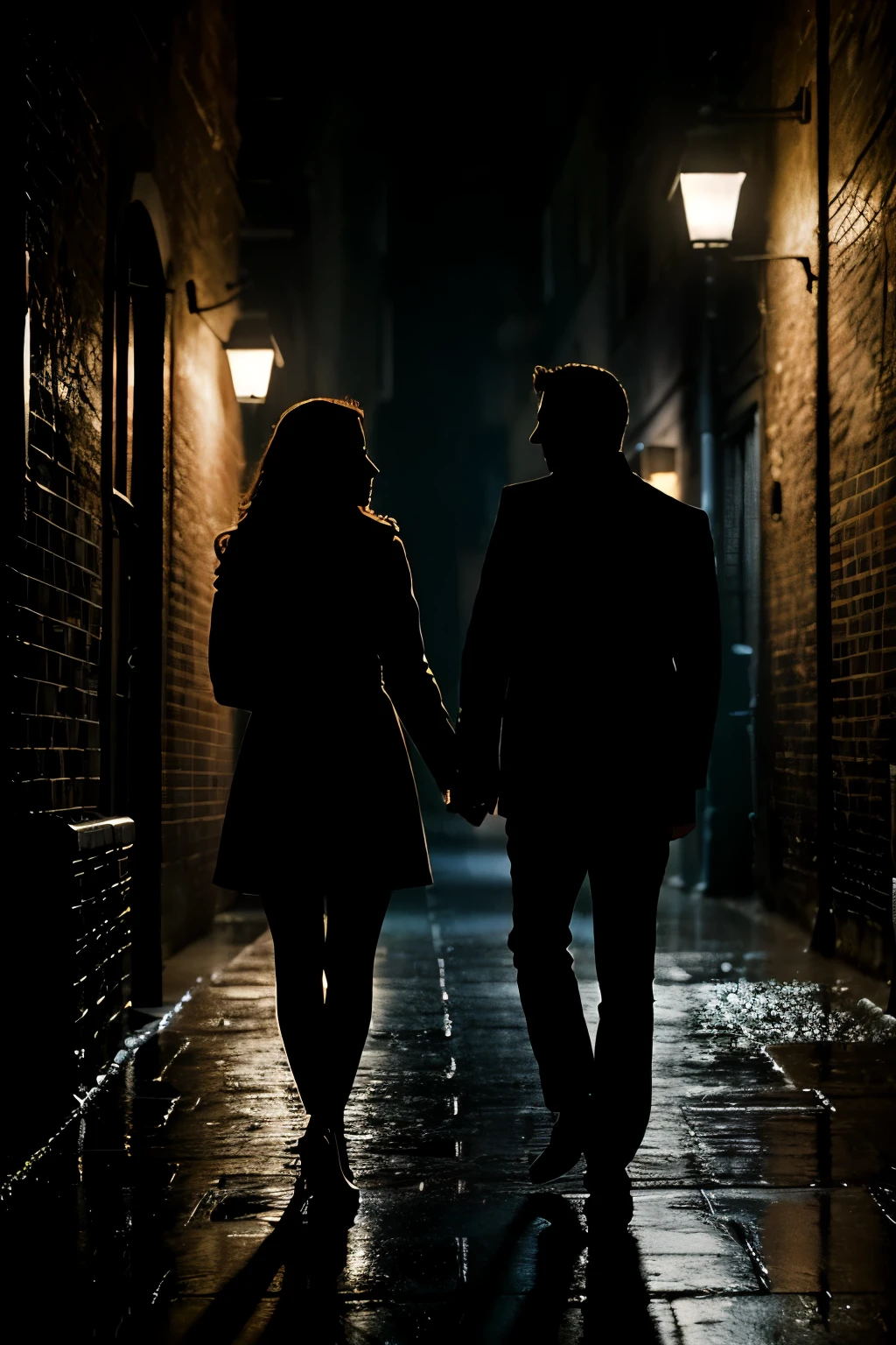 In the dimly lit alleyway, a secret rendezvous unfolded. Two enigmatic silhouettes, their faces obscured by darkness, huddled together in hushed whispers. Their voices barely audible, carrying only to each other, their words heavy with consequence. The air was thick with suspense, the silence broken only by the occasional drip of rain from the gutter above. This clandestine meeting was intricately captured in a meticulously crafted image, the shadows dancing on their faces, their features barely discernible in the hyper-detailed photography. The scene was illuminated by the soft light of a streetlamp, casting elongated, dramatic shadows