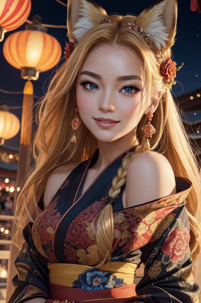 (Masterpiece, best quality, ultra-detailed), A portrait of a radiant adult woman with a warm smile directed at the viewer. Her blonde hair is straight and styled into a prominent French braid that drapes over her left shoulder. Her eyebrows are small and refined, complementing her captivating purplish-blue eyes with bold red eyeshadow applied generously at the bottom of her eyes. Her facial features are delicate and finely shaped, with a small, refined nose and full lips. No human ears are present, only large and tall fluffy fox ears in vibrant orange with black tips. A striking red flower is prominently displayed within her braid. She wears a wide traditional blue yukata adorned with intricate floral patterns, enhancing her ethereal allure reminiscent of a Manhwa mom, Her figure is accentuated by large hips, and she is depicted as a regal fox queen with 9-tails(9-tails)((fox tail)), ensuring the tails are visible and elegantly arranged. The resolution is set to 8k to capture all the ultra-detailed features. Her bust is large, and the background features a vibrant Chinese New Year celebration, complete with lanterns, fireworks, and traditional decorations, creating a beautiful scenery, (Ensure no human ears, only fox ears are generated)
