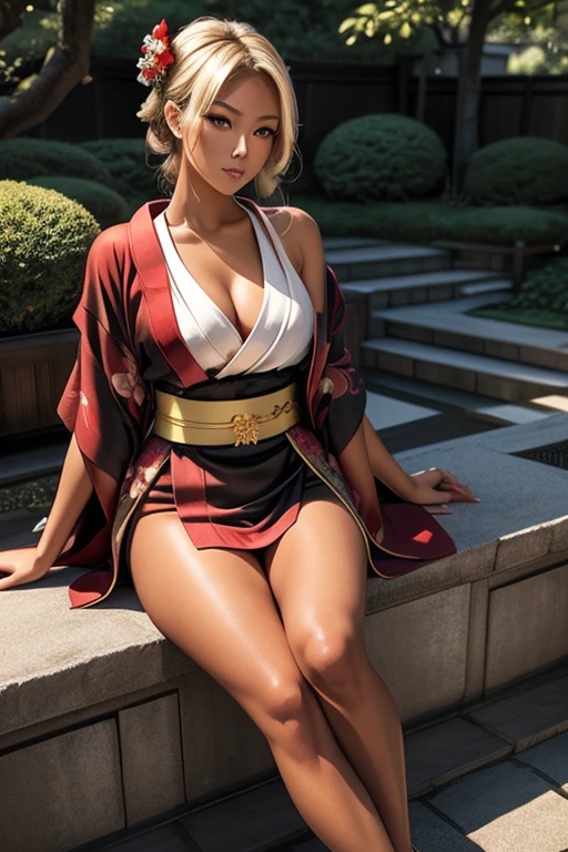 (masterpiece), best quality, expressive eyes, perfect face, (japan garden background), (sitting in garden), (front view), (smirk), (1girl, tan skin asian, dark skin, tanned skin, bleach blonde hair, geisha hairstyle, green eyes, hourglass figure, skinny body, petite_body, short height, small breasts, long fingernails, exposed cleavage, red kimono, black heels), 