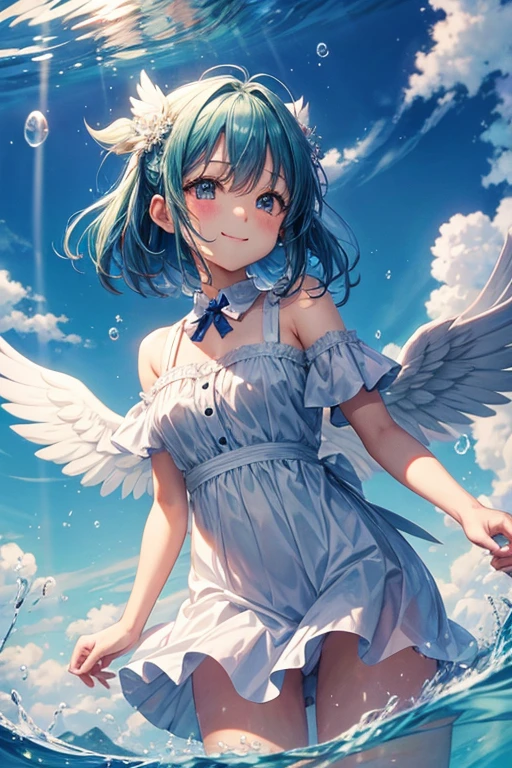 2D Girl、anime、In the water、Bubble、null、Angel、smile、Fluttering Hair、wing