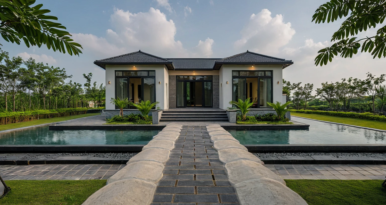 Picture a modern countryside villa exterior in Vietnam, featuring a sloped roof, ((stone)), traditional Vietnamese elements, a spacious courtyard with expansive green lawns, and tropical trees, surrounded by a lively morning atmosphere filled with genuine sunlight, Photography, use a wide-angle lens on a professional-grade camera to capture the authenticity of the scene, RAW photo,  (high detailed skin:1.2), 8k UHD, DSLR, soft lighting, high quality, film grain, Fujifilm XT3 A traditional Vietnamese single-story villa exterior, sloping roof, black roofing, white walls adorned with wood and stone accents, serene design, masterpiece, best quality, clear sky, cloud, (nature light), (daylight:1.2)