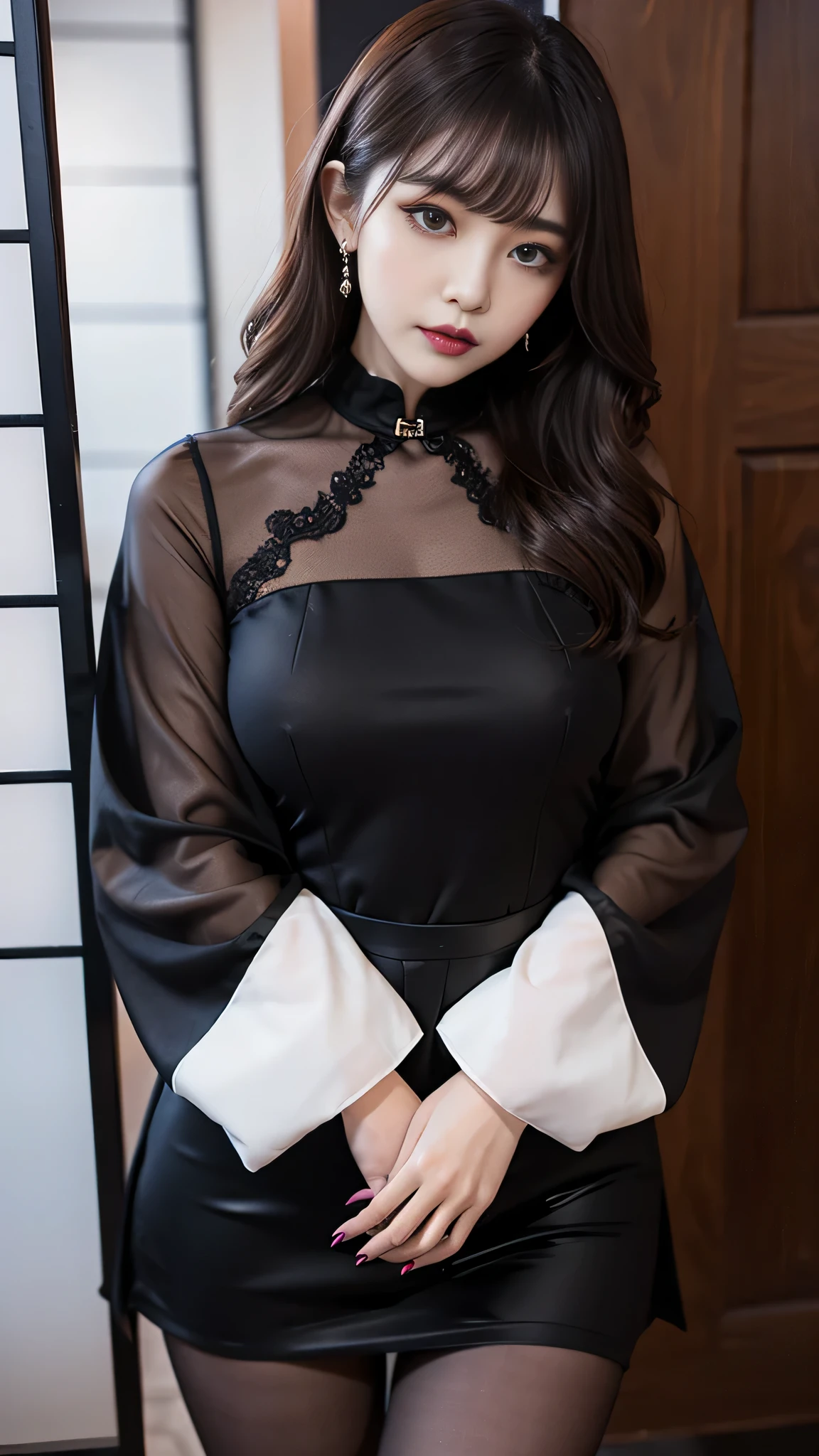 tra-detailed、Japanese、Attractive beauty、seductive adult woman、Pretty Woman、cool girl、brown hair、wavy hair、swept bangs、piercing eyes、hollow eyes、half-closed eyes、Hollow Eyes、Purple Eyeshadow、black lipstick、black lip gloss、dark makeup、smirk、Whisper in my ear、Evil expression、Long Black Cheongsam、Wide sleeves、pantyhose、Evil cadres、Fallen into evil、brainwash、mind control、evil、Church at night、Swear allegiance、