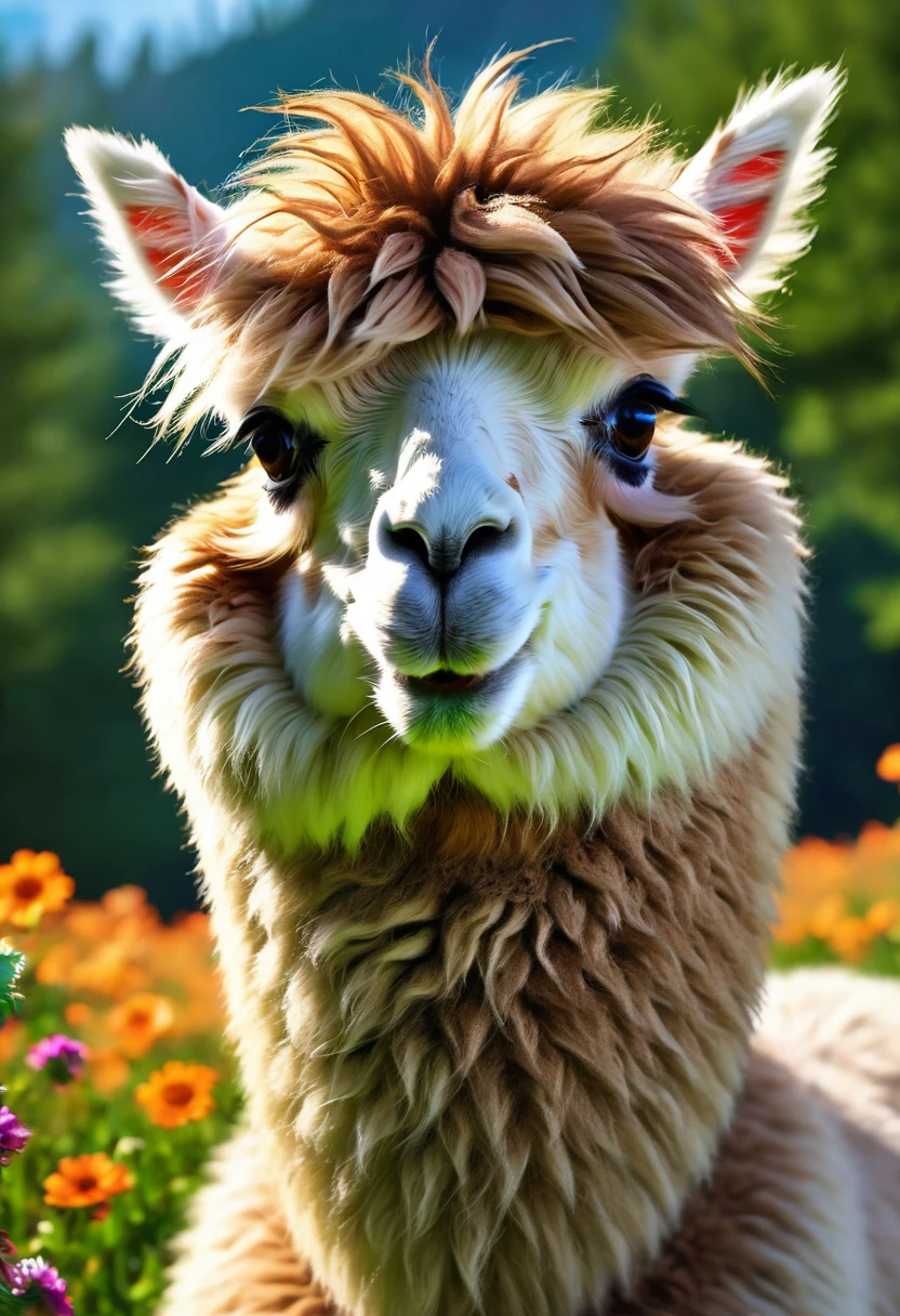 An Alpaca, aesthetic, (best quality,4k,8k,highres,masterpiece:1.2),ultra-detailed,(realistic,photorealistic,photo-realistic:1.37),woolly alpaca,comical actions,humorous situations,quirky poses,random antics,beautiful natural scenery,green pastures,sunny day,colorful flowers,epic landscapes,mythical creatures,enchanted forests,dreamlike ambiance,soft sunlight,bright and vivid colors,playful expressions,curious eyes,fluffy fur,cartoonish style,dynamic composition,whimsical atmosphere.