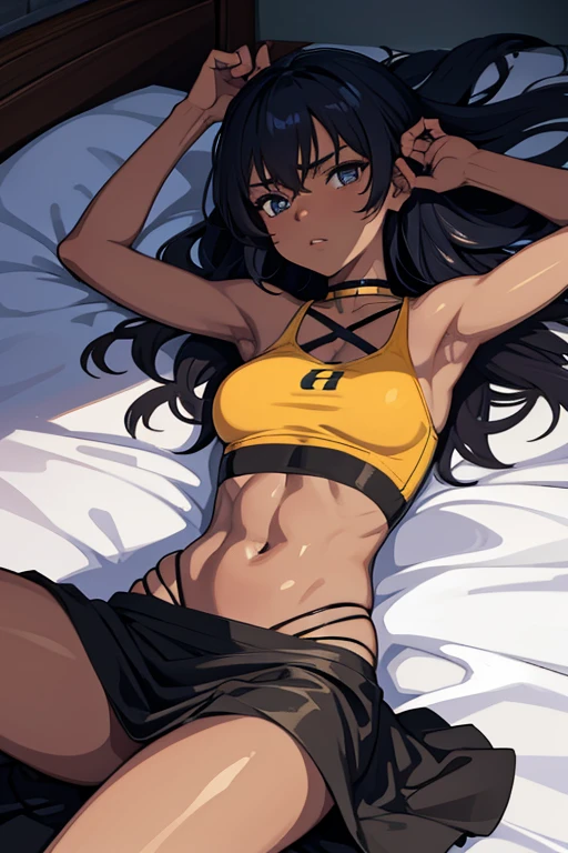 anime-style depiction of a dark tan-skinned girl clad in a tank crop top and long skirt, she has a skinny starved stomach, she is holding her abdomen in pain, her ribs showing, she is lying down in the bed, her expression showing a lot of pain and suffering