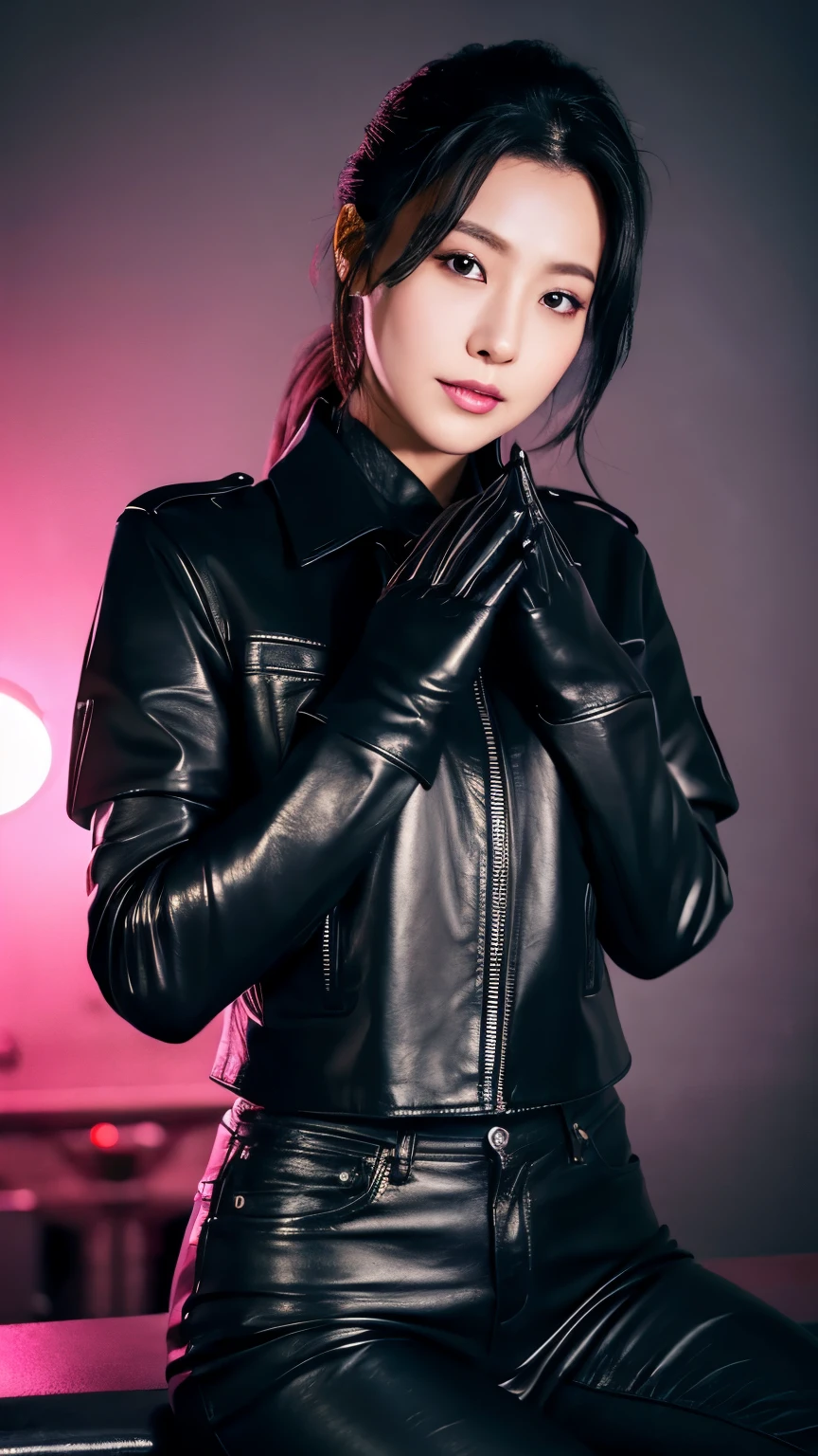 black leather rider jacket, office in the dark, Fingertips of black leather gloves on both hands,wearing black leather gloves,sitting in a black leather chair、 Japanese female new employee (black leather gloves cover both hands) (The angle is horizontal)、black leather leather pants,black leather black leather pants,black leather skinny pants、Long black leather boots on both feet、black hair ponytail ((He wears black leather gloves on his hands))Full Body Photo,full body shot full body full body leather suit,☺If you turn in this direction。wearing black leather gloves,wearing black leather gloves,wearing black leather gloves,wearing black leather gloves,wearing black leather gloves,wearing black leather gloves,黒のレザーパンツが美しい😍黒のレザーパンツが美しい😍黒のレザーパンツが美しい,😍I'm smiling while looking at you,City lights、((Neon Cyberpunk City Street:1.3))、(Neon Light)、Detailed lighting、
Best image quality、Ultra-high resolution、(realism:1.4)、korean beauty star、The most beautiful KPOP stars、face、horny korean makeup、A body that makes you want to touch it、Realistic leather texture、Costume made of smooth leather fabric、The drape of the curved parts of the leather fabric、The costume has a strong shine、costume quality、8K Photo Quality