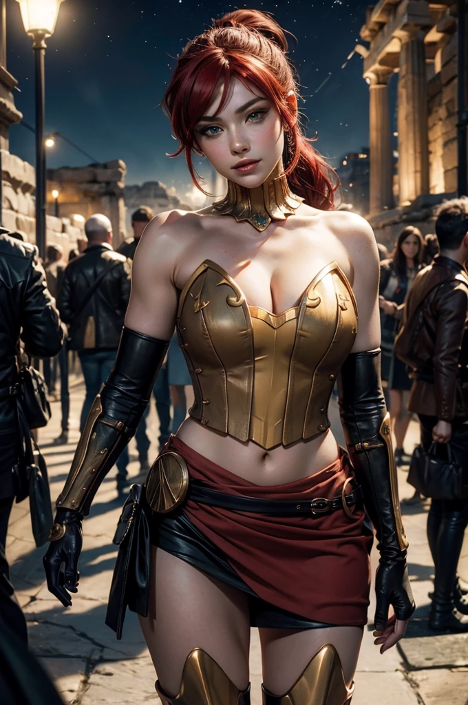 stunning girlfriend, heart shaped face, elegant face, beautiful face, highly detailed face, highly detailed skin, skin pores, subsurface scattering, realistic pupils, full lips, detailed background, depth of field, atmospheric perspective, volumetric lighting, sharp focus, absurdres, realistic proportions, good anatomy, (realistic, hyperrealistic:1.4), 16k hdr, ((best quality)), ((highly detailed)), absurdres, (detailed eyes, deep eyes), (1girl), full body, pyrrha nikos, rwby, red hair, ponytail, green eyes, medium breasts, smiling, circlet, bustier, bare shoulders, skirt, elbow gloves, bracers, armored boots, (outside, night, stars, ancient Greece, Greek architecture, (crowd wearing traditional Greek clothing))