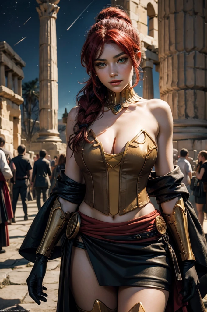 stunning girlfriend, heart shaped face, elegant face, beautiful face, highly detailed face, highly detailed skin, skin pores, subsurface scattering, realistic pupils, full lips, detailed background, depth of field, atmospheric perspective, volumetric lighting, sharp focus, absurdres, realistic proportions, good anatomy, (realistic, hyperrealistic:1.4), 16k hdr, ((best quality)), ((highly detailed)), absurdres, (detailed eyes, deep eyes), (1girl), full body, pyrrha nikos, rwby, red hair, ponytail, green eyes, medium breasts, smiling, circlet, bustier, bare shoulders, skirt, elbow gloves, bracers, armored boots, (outside, night, stars, ancient Greece, Greek architecture, (crowd wearing traditional Greek clothing))