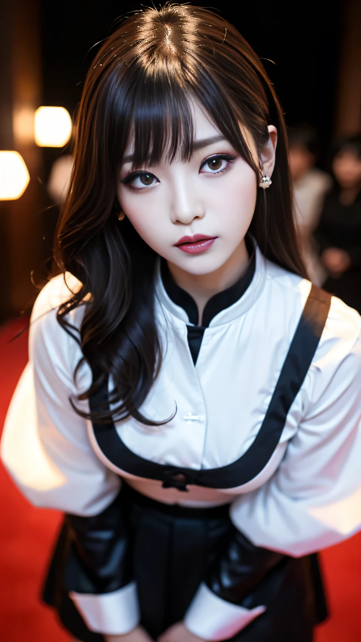 tra-detailed、Japanese、Attractive beauty、seductive adult woman、Pretty Woman、cool girl、brown hair、wavy hair、swept bangs、piercing eyes、hollow eyes、half-closed eyes、Hollow Eyes、Purple Eyeshadow、black lipstick、black lip gloss、dark makeup、smirk、Whisper in my ear、Evil expression、Long Black Cheongsam、Wide sleeves、pantyhose、Evil cadres、Fallen into evil、brainwash、mind control、evil、Church at night、Swear allegiance、