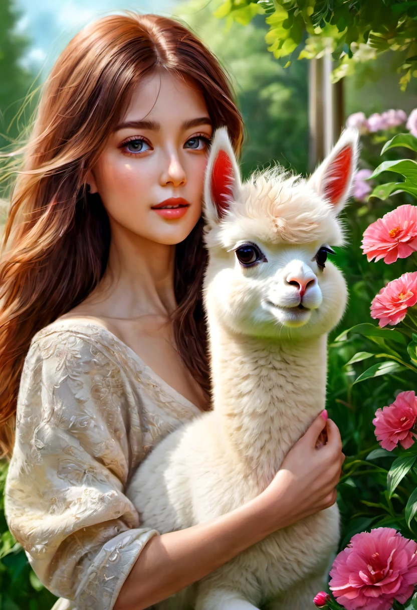 An Alpaca, aesthetic, A girl in a garden, illustration, peaceful, beautiful flowers and trees, soft sunlight, (best quality,4k,8k,highres,masterpiece:1.2), ultra-detailed, (realistic,photorealistic,photo-realistic:1.37), colorful, bokeh, portraits