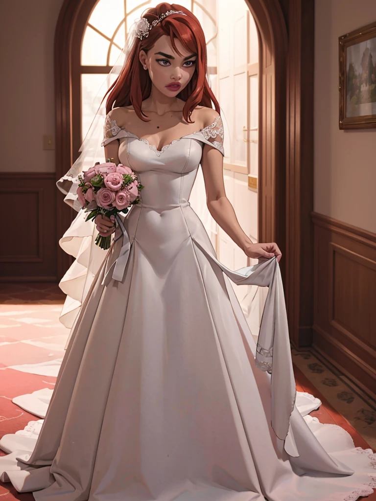 Wedding day, dreamy garden of pink flowers, bride red hair, heavy makeup, eyelashes, red lipstick, crystal blue eyes, high detail wedding dress, sexy breasts, standing fool body, pink damask roses in hand, waiting for the groom , high details wedding dress, Ultra-detailed bride dress, luxury wedding dress with pink tone and golden flower texture, 4k