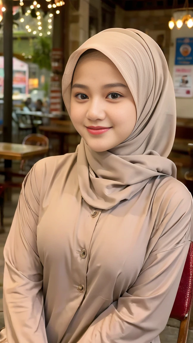 Selfie taken, See full body, luxury details, 8k, natural, realistic, amazing shots, ULTRA HD,
1 girl, 18 years old, smooth white face, white skin, smailing,  neat white teeth, big breasts, wearing a long white hijab covering the body, with decorations on the hijab, Muslim clothes for worship, beautiful face, beautiful black face, cute, curly eyelashes, beautiful eyes , sweet smile, sitting on the bed, Indonesian Muslim, realistic, atmosphere in the out door, in the cafe,