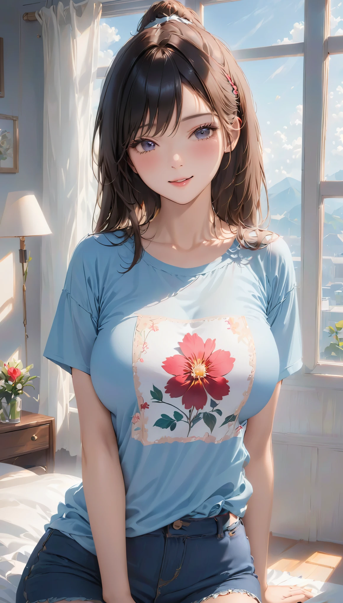 (Higher resolution, Clearly_image) best quality, A woman, masterpiece, Very detailed, Semi-realistic, 21 years old, fair, young, Handsome, t-shirt, Pale pink shirt, modern room, window, wake up, morning, blush, Smile，Big breasts