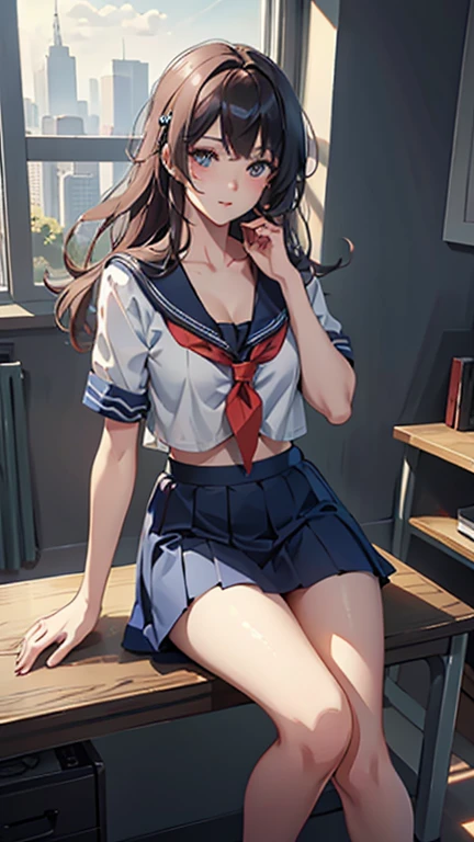 Blue-orange curls are curved inward,,There is a strong sense of freshness and freshness,girl with,((serafuku)), hands on one's face, Elbows on the desk, Sit up, Classroom, sunlights, window, see the beholder, Face in Love, I can see the cleavage:1.2, The finest beige underwear, Best Quality,Ultra-detailed, High resolution, extremely details CG, Unity 8k wallpaper, Caustics, textile shading, super detailed skin, Perfect Anatomy, Detailed, Cinematic lighting, Dynamic lighting, Beautiful detailed eyes, (top-quality), (ultra-detailliert), (masuter piece), (hight resolution), (Original), Character Design, Game CG, Detailed Manga Illustration, Realistic head-to-body size ratio:1.2
