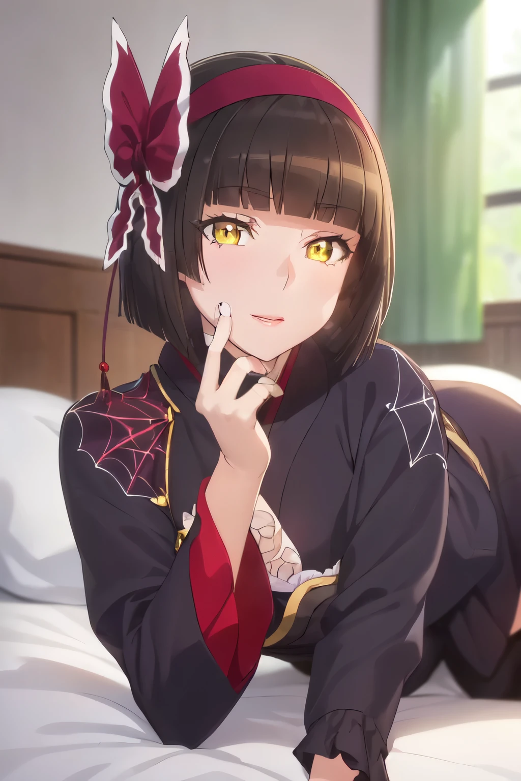 (masterpiece:1.2, highest quality), (Beautiful, detailed eyes: 1.2),glowing eyes,high detailed skin,shiny skin,shiny lips,(Very detailed CG ,unity 8k wallpaper,masterpiece, highest quality, Very detailed),perfect anatomy,figure:0.8,,One girl,((( all fours,clawing ))), mio, middle breasts, hair band, kimono, Purple kimono ,Black gloves, hair bow,spider web print, sash , heart, Hair Ribbon, High Contrast, perfect lighting,in the bedroom,on the bed,View your viewers,Beautiful sparkle, (Beautifully detailed face, Beautiful fine details)