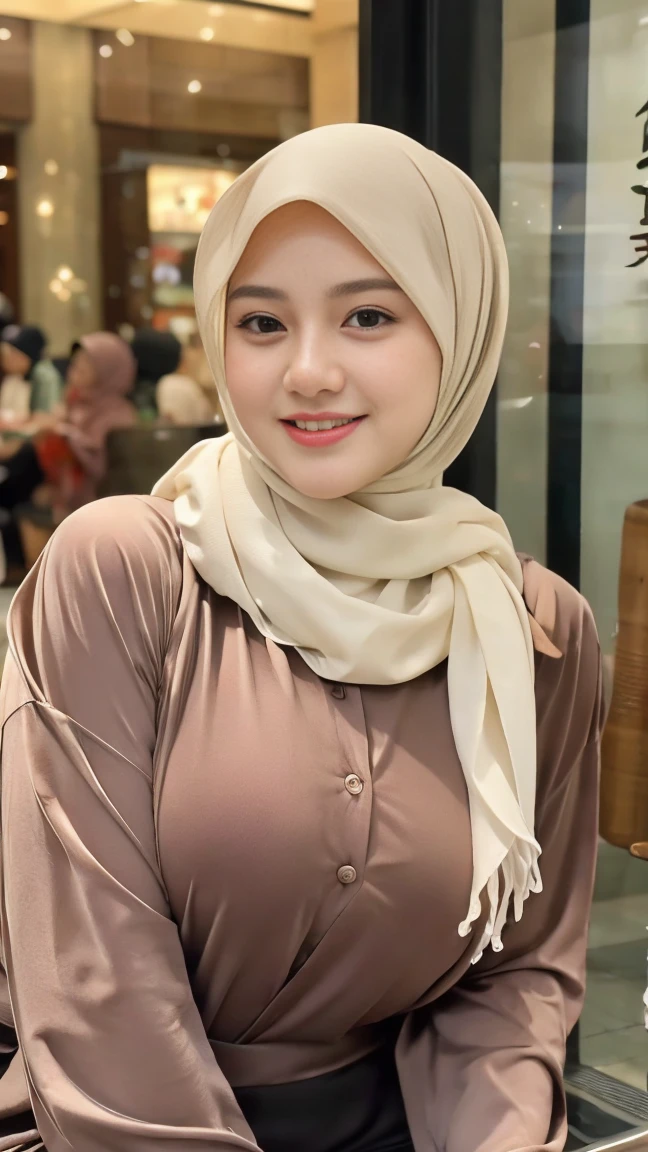 Selfie taken, See full body, luxury details, 8k, natural, realistic, amazing shots, ULTRA HD,
1 girl, 18 years old, smooth white face, white skin, smailing,  neat white teeth, big breasts, wearing a long white hijab covering the body, with decorations on the hijab, Muslim clothes for worship, beautiful face, beautiful black face, cute, curly eyelashes, beautiful eyes , sweet smile, sitting on the bed, Indonesian Muslim, realistic, atmosphere in the out door, in the mall,