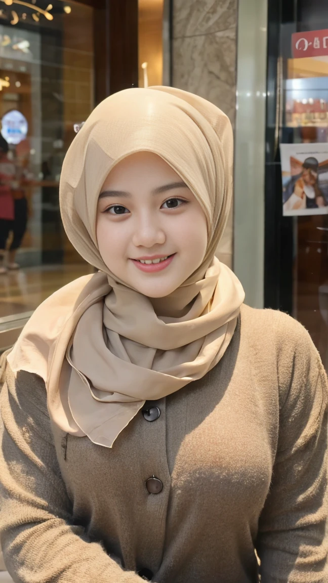 Selfie taken, See full body, luxury details, 8k, natural, realistic, amazing shots, ULTRA HD,
1 girl, 18 years old, smooth white face, white skin, smailing, neat white teeth, big breasts, wearing a long white hijab covering the body, with decorations on the hijab, Muslim clothes for worship, beautiful face, beautiful black face, cute, curly eyelashes, beautiful eyes , sweet smile, sitting on the bed, Indonesian Muslim, realistic, atmosphere in the out door, in the mall,