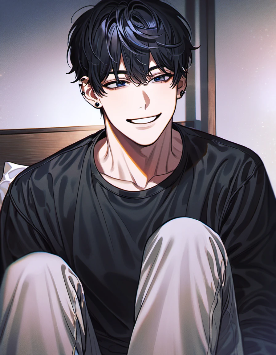 absurdres, highres, ultra detailed, HDR, master piece, best quality, Kang Woojin, black messy hair, expressive dark blue eyes, ear piercings, Love Jinx, 1man, handsome, smiling, black coat, sweater, black shirt, inside a room, night, sitting on a bed
