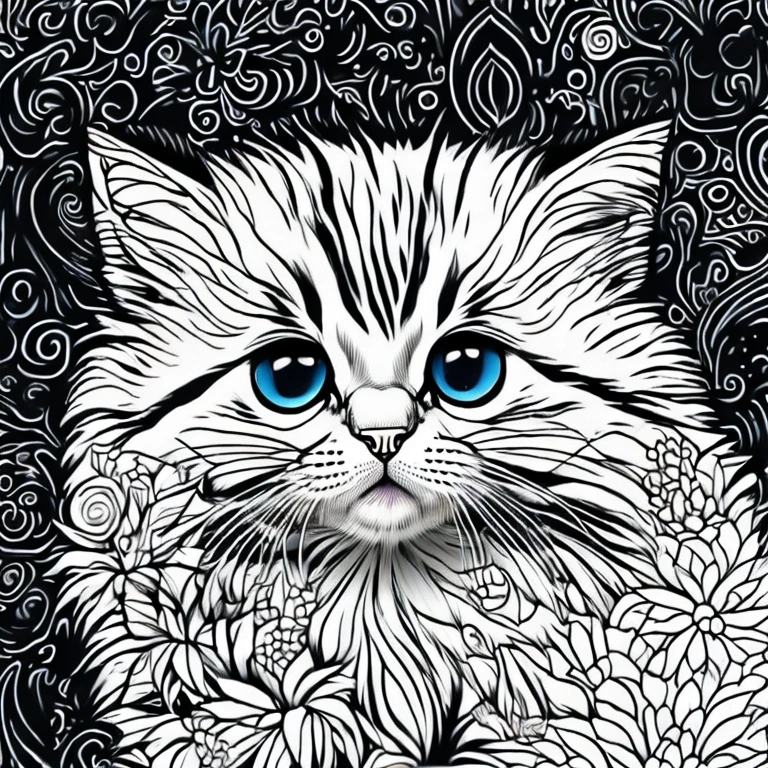 Generate an adorable, fluffy kitten that would make a perfect coloring book character. This pet should have big, expressive eyes, a soft fur coat, and playful demeanor. with pastel colors and whimsical patterns on its fur. The background should be a simple, unobtrusive design to highlight the pet. The overall image should be charming and inviting, perfect for children to color in and bring to life with their imagination