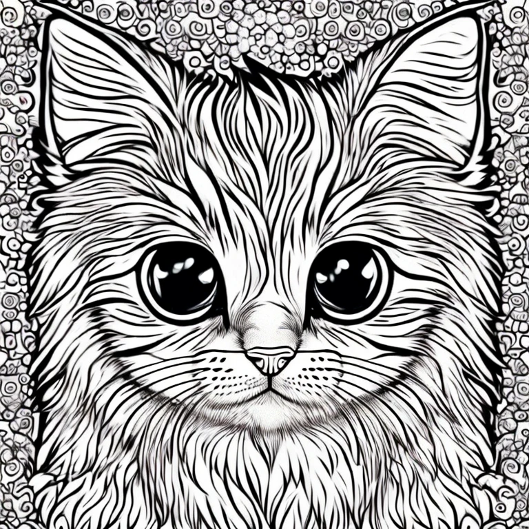 Generate an adorable, fluffy kitten that would make a perfect coloring book character. This pet should have big, expressive eyes, a soft fur coat, and playful demeanor. with pastel colors and whimsical patterns on its fur. The background should be a simple, unobtrusive design to highlight the pet. The overall image should be charming and inviting, perfect for children to color in and bring to life with their imagination