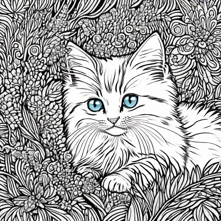 Generate an adorable, fluffy kitten that would make a perfect coloring book character. This pet should have big, expressive eyes, a soft fur coat, and playful demeanor. with pastel colors and whimsical patterns on its fur. The background should be a simple, unobtrusive design to highlight the pet. The overall image should be charming and inviting, perfect for children to color in and bring to life with their imagination