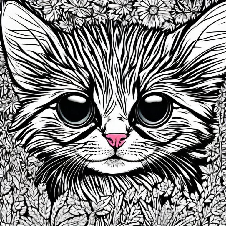 Generate an adorable, fluffy kitten that would make a perfect coloring book character. This pet should have big, expressive eyes, a soft fur coat, and playful demeanor. with pastel colors and whimsical patterns on its fur. The background should be a simple, unobtrusive design to highlight the pet. The overall image should be charming and inviting, perfect for children to color in and bring to life with their imagination