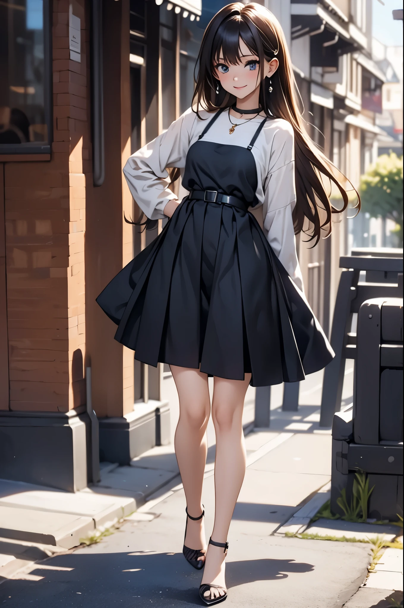 ((Biologically correct number of limbs))、(( Full body photo including face))、4K、Masterpiece、((focus on the face))、((Symmetrical facial features))、Eyes with detailed description、Beautiful woman、Outstanding style、Beautiful arms、Beautiful legs、Beautiful Hands、(slender)、Detailed depiction of faces、Small earrings、necklace、(shiny uniform、shiny skirt、High heels、stockings)smile、(Beautiful legsのアップ)、