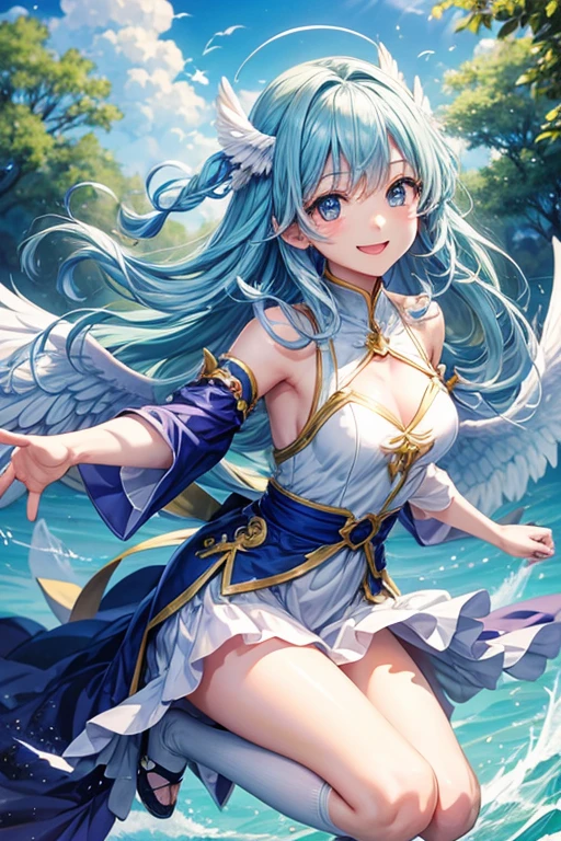 masutepiece、Detailed Quality、"Create a captivating image featuring a woman wearing majestic wings of a dragon with a sky theme.  Light blue long hair、Twin-tailed、Rainbow Leotard Costume、adorable smiling、Reflecting the essence of wind and sky. Iridescent feathers, Plumage reminiscent of clouds, Gracefully soars behind her. Against the background of the sky, Her surroundings are、It reflects the freedom and vastness of the atmosphere. A faint breeze caressed her hair, Add movement to a scene. Lighting is、It captures the ethereal texture of the moment, with soft, A natural glow that strengthens the bond between a woman and a dragon's wings. Her expression was、It exudes the tranquility of weightlessness, Create images that celebrate the infinite beauty of the air element with captivating and dreamy compositions."