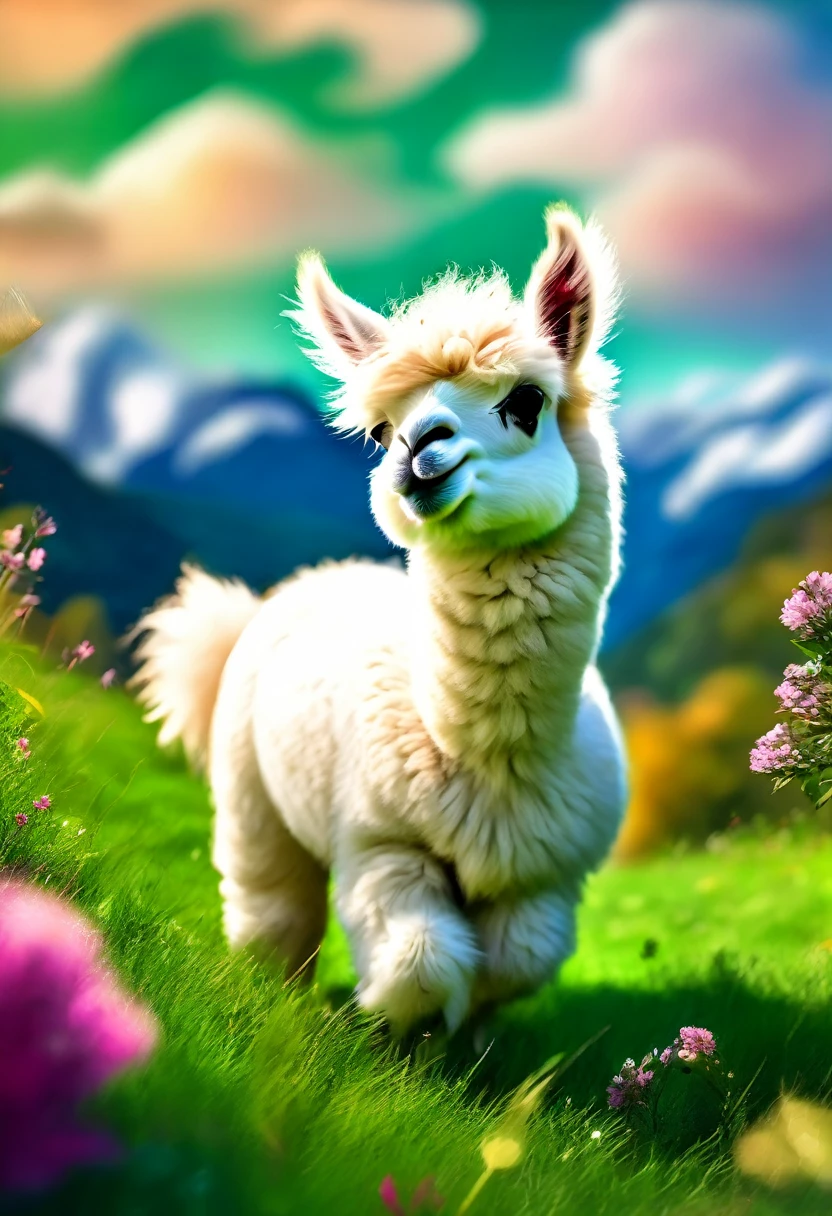 An Alpaca, aesthetic, (an alpaca, random things, playful, vibrant colors, soft fur, adorable expression, curious, mischievous, exploring the surroundings, joyful, sunny day, lush green grass, fluffy clouds, bokeh lights, whimsical, lively atmosphere, artful details, high resolution)