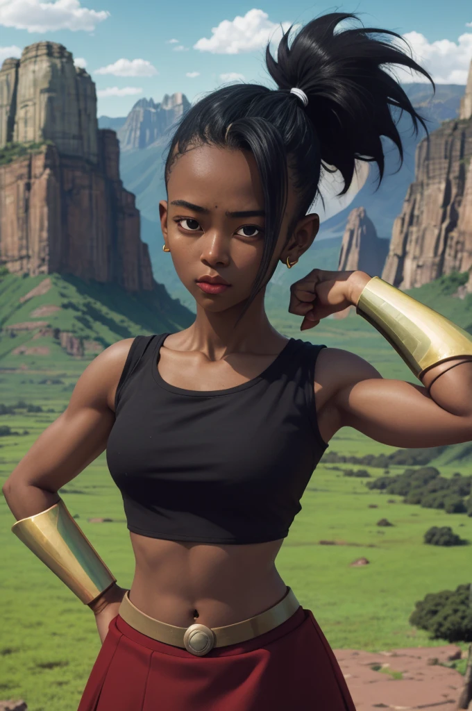 masterpiece, best quality, defKale, black eyes, ponytail, crop top, bracer, red skirt, upper body, standing, looking at viewer, nervous, green sky, mountains, rock formations, from above, close-up ,dark skin