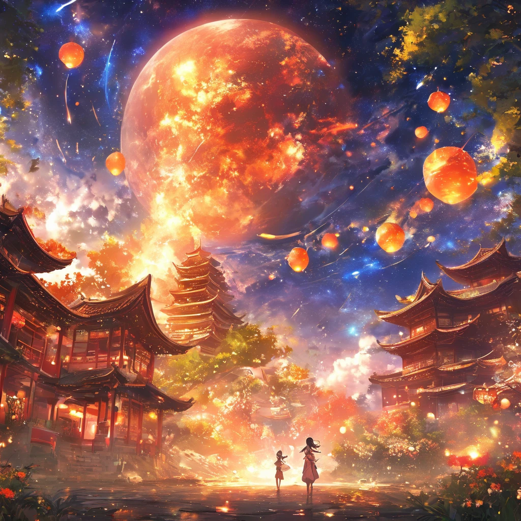 masterpiece, Concept Art, Panorama, in the center, shape, Wide Shot, flower 庭, night, (meteor), Space galaxy background, (Great composition, Epic scale), Dynamic Lighting, Bright colors, summer,Green tree,1 girl,Chinese style buildings