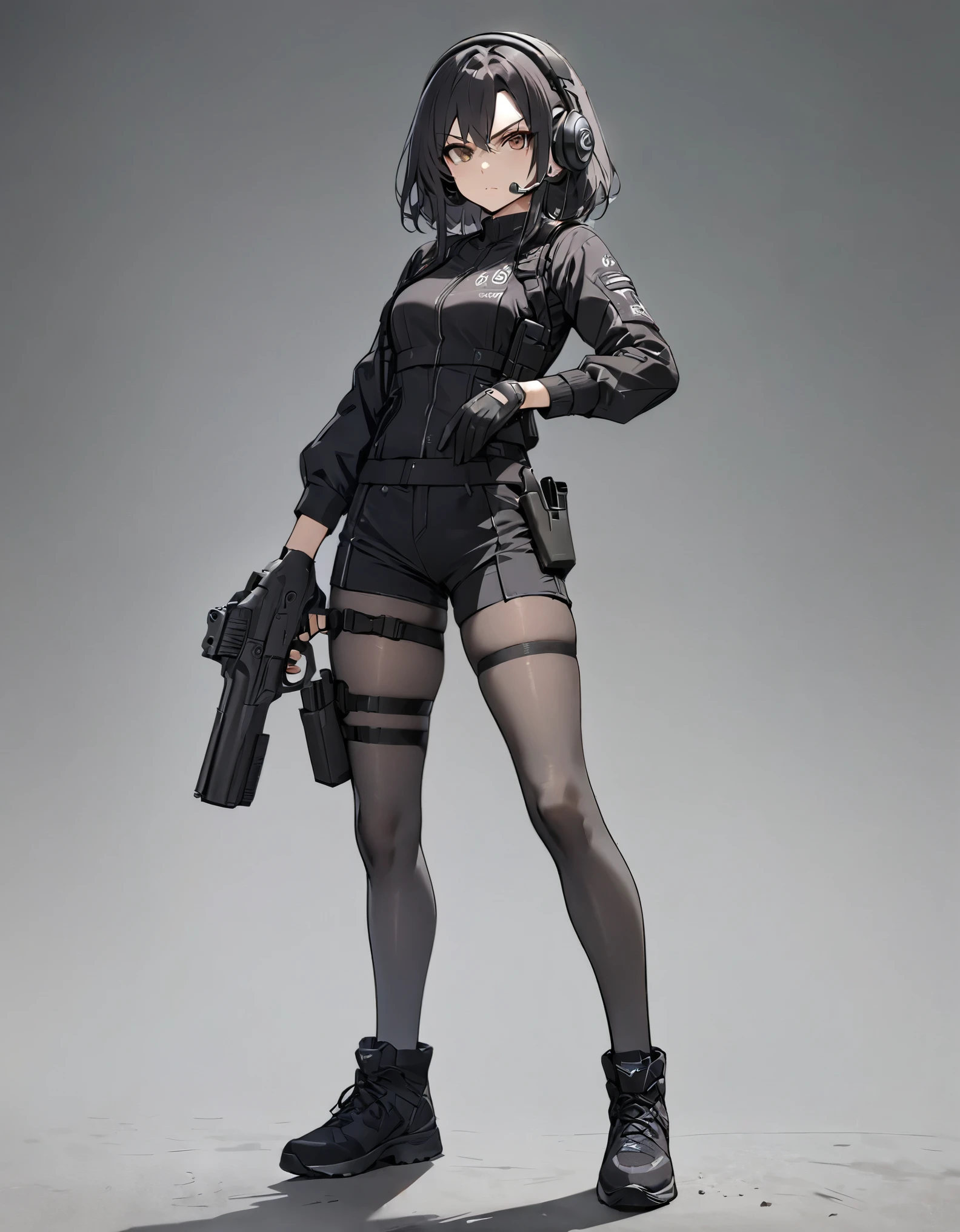 ((best quality)), ((masterpiece)), ((high res)), 1girl, muslim, brown eyes, full body, serious, stoic, gloves, black hair, gun, handgun, headset, heckler & koch, Holding a pistol in her detailed hands, holding weapon, holster, kochiy sanae, pistol, solo, suppressor, thigh holster, thigh strap, trigger discipline, weapon, medium hair, matching grey pantyhose, black shorts, tights, full body costume design.