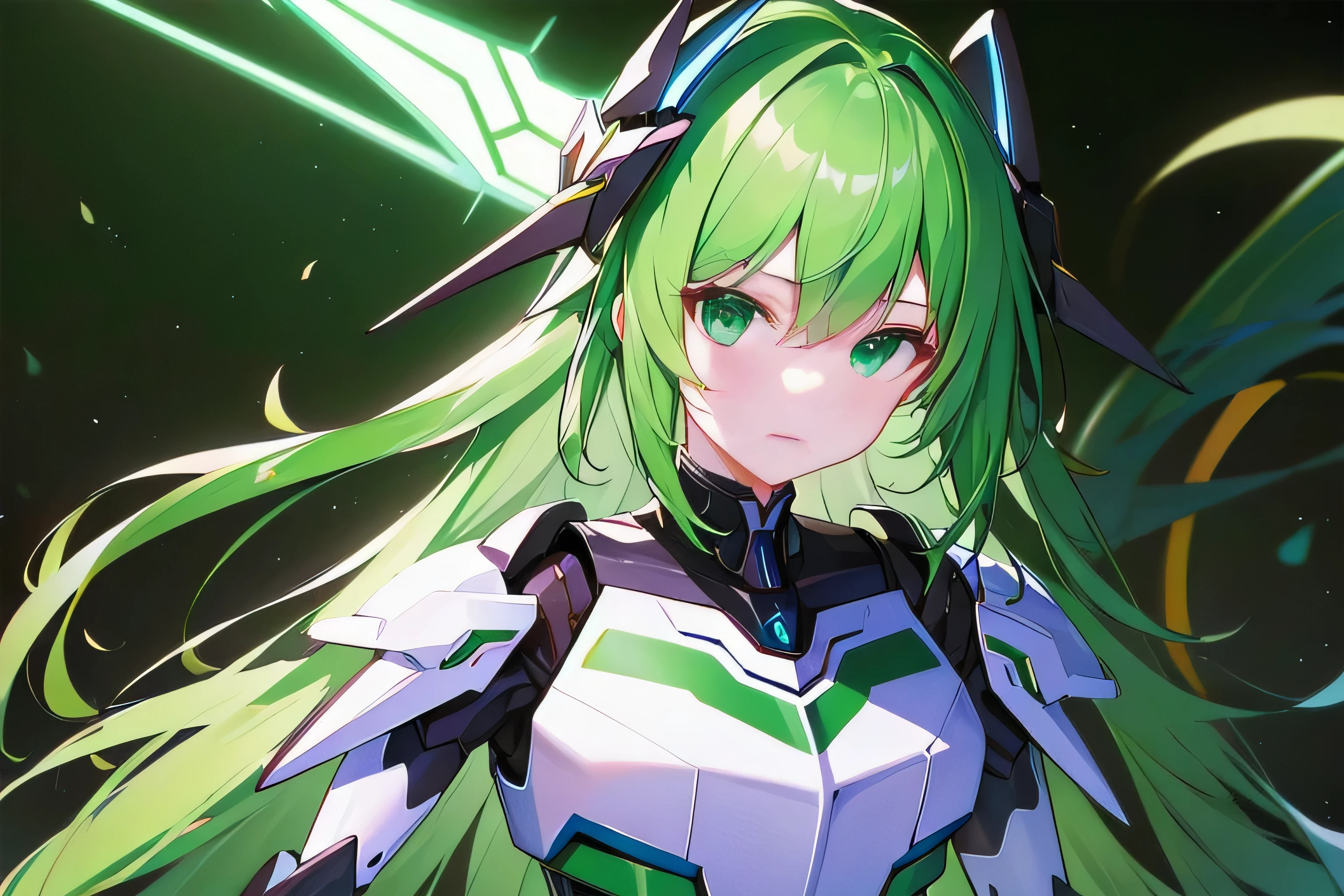 [(BLACK GLITCH BACKGROUND:1.5),::5] masterpiece, absurdres, best quality, best aesthetic, upperbody, 1girl, solo, Green hair, long hair, Green eyes, (slant eyes), science fiction, (mecha musume:1.5), mechanical parts, headgear, doragon mechanical wings, ((mechanical Black dragon Armor)), Evil smile face, (neon light green), upper body, 