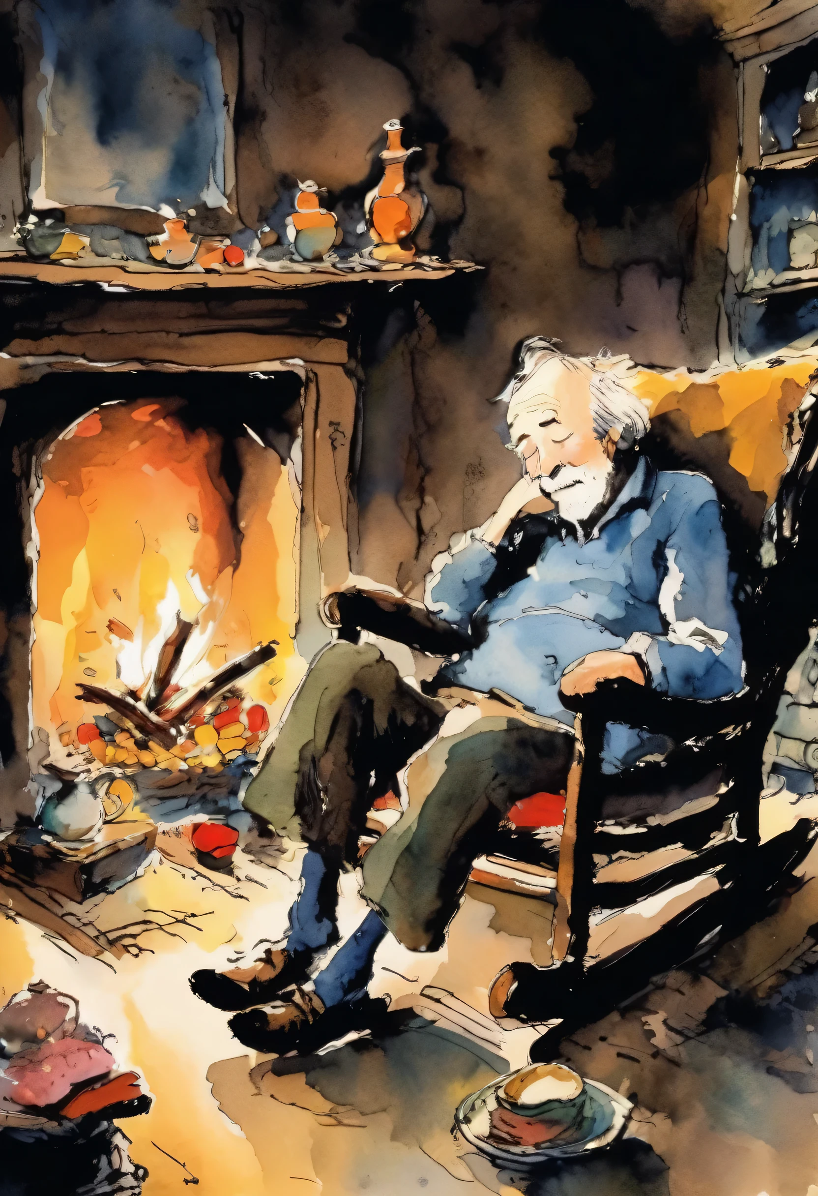 Quentin Blake style photo、Illustrations filled with love、An old man is sleeping in a rocking chair in front of the fireplace、Warm fireplace、A look of peace、The whole room is dark、Indoors at night、Calm expression、highest quality、masterpiece、Very detailed