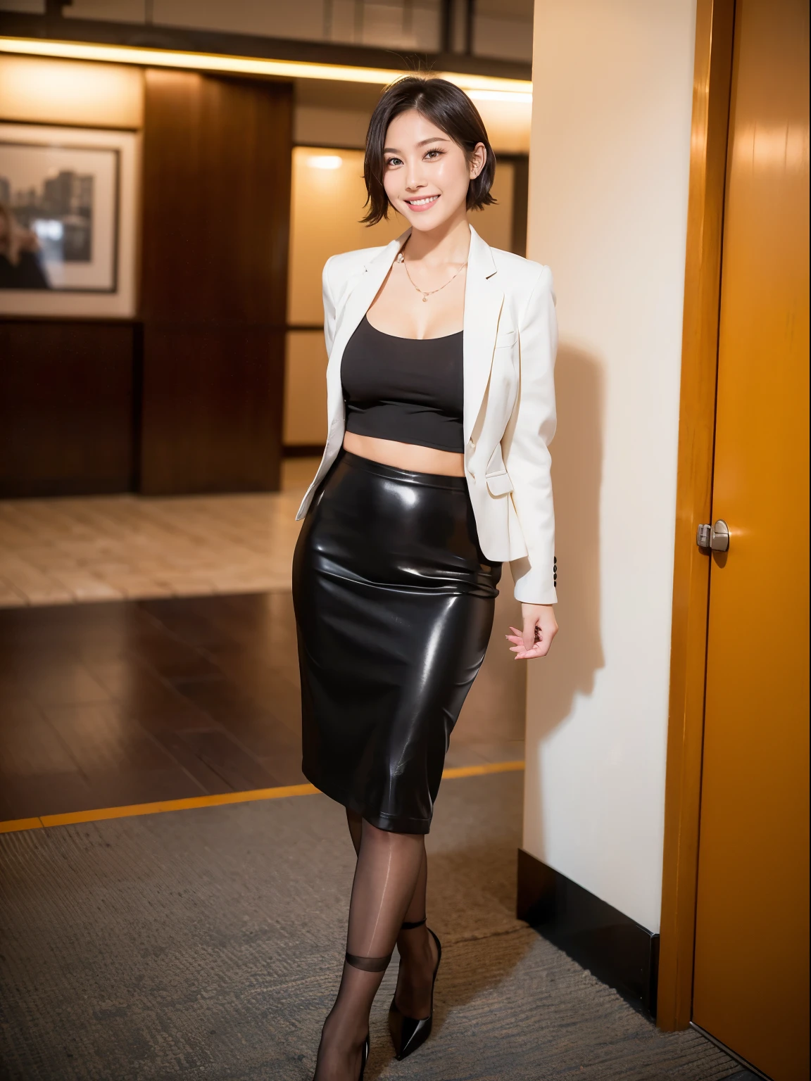 (RAW Photos:1.2), (Realistic:1.4),Beautiful detailed woman,非常にBeautiful Eyesと顔, Beautiful Eyes, Very detailed,High resolution, Very detailed,highest quality,Awareness-raising,Unified,8k wallpaper,masterpiece,highest quality,1 female,alone,rich,Whole Body Ezbian,(Standard body shape),(D cup breasts)、Toned figure,There'Foot meat,Narrow waist,alone,(White jacket:1.4)、(Black blouse:1.2),(Black pencil skirt:1.5),(Black high heels)、(pantyhose:1.3),Pearl Necklace:1.2, Short black hair、A kind smile,dignified atmosphere,black eye,Realistic,(Shinjuku station:1.3) , (Morning station:1.1)、(36 years old、Japanese)、(Going to work:1.2)、(The viewer is looking at her from the side.:1.5)、(She is walking:1.2)、(Full body photo:1.3)、Shoulder bag、