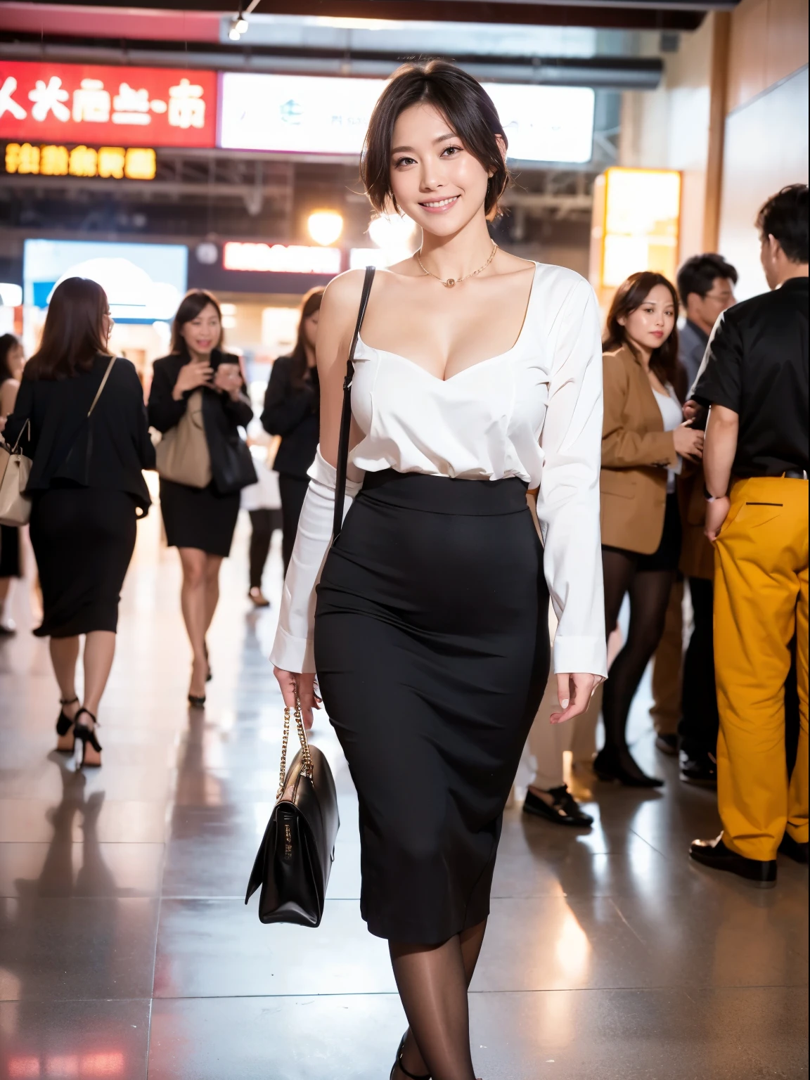 (RAW Photos:1.2), (Realistic:1.4),Beautiful detailed woman,非常にBeautiful Eyesと顔, Beautiful Eyes, Very detailed,High resolution, Very detailed,highest quality,Awareness-raising,Unified,8k wallpaper,masterpiece,highest quality,1 female,alone,rich,Whole Body Ezbian,(Standard body shape),(D cup breasts)、Toned figure,There'Foot meat,Narrow waist,alone,(White jacket:1.4)、(Black blouse:1.2),(Black pencil skirt:1.5),(Black high heels)、(pantyhose:1.3),Pearl Necklace:1.2, Short black hair、A kind smile,dignified atmosphere,black eye,Realistic,(Shinjuku station:1.3) , (Morning station:1.1)、(36 years old、Japanese)、(Going to work:1.2)、(The viewer is looking at her from the side.:1.5)、(She is walking:1.2)、(Full body photo:1.3)、Shoulder bag、