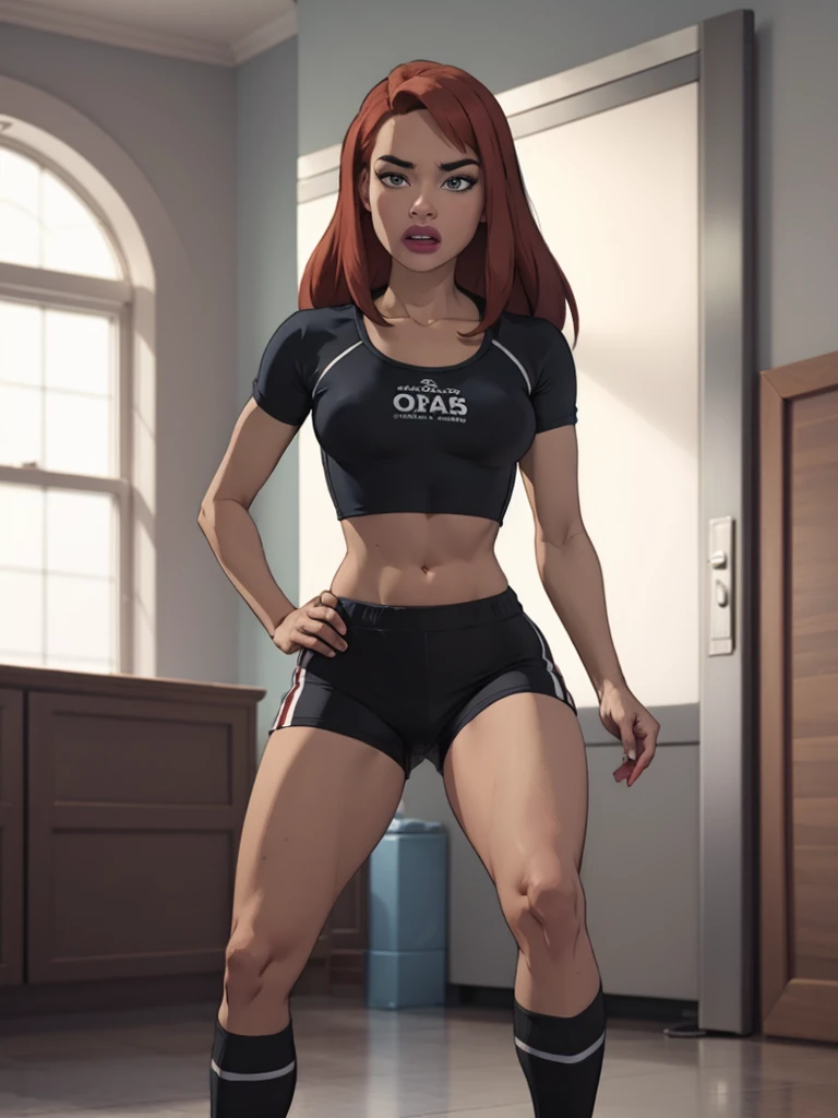 pretty woman showing foots,  wearing ankle_socks,  two piece workout clothes, , sport bra and shorts, She's wearing a black blouse, tampo preto, sport bra and shirt, detailed sports bra, Esporte bom, full body, (white ankle_socks). Foot fetish