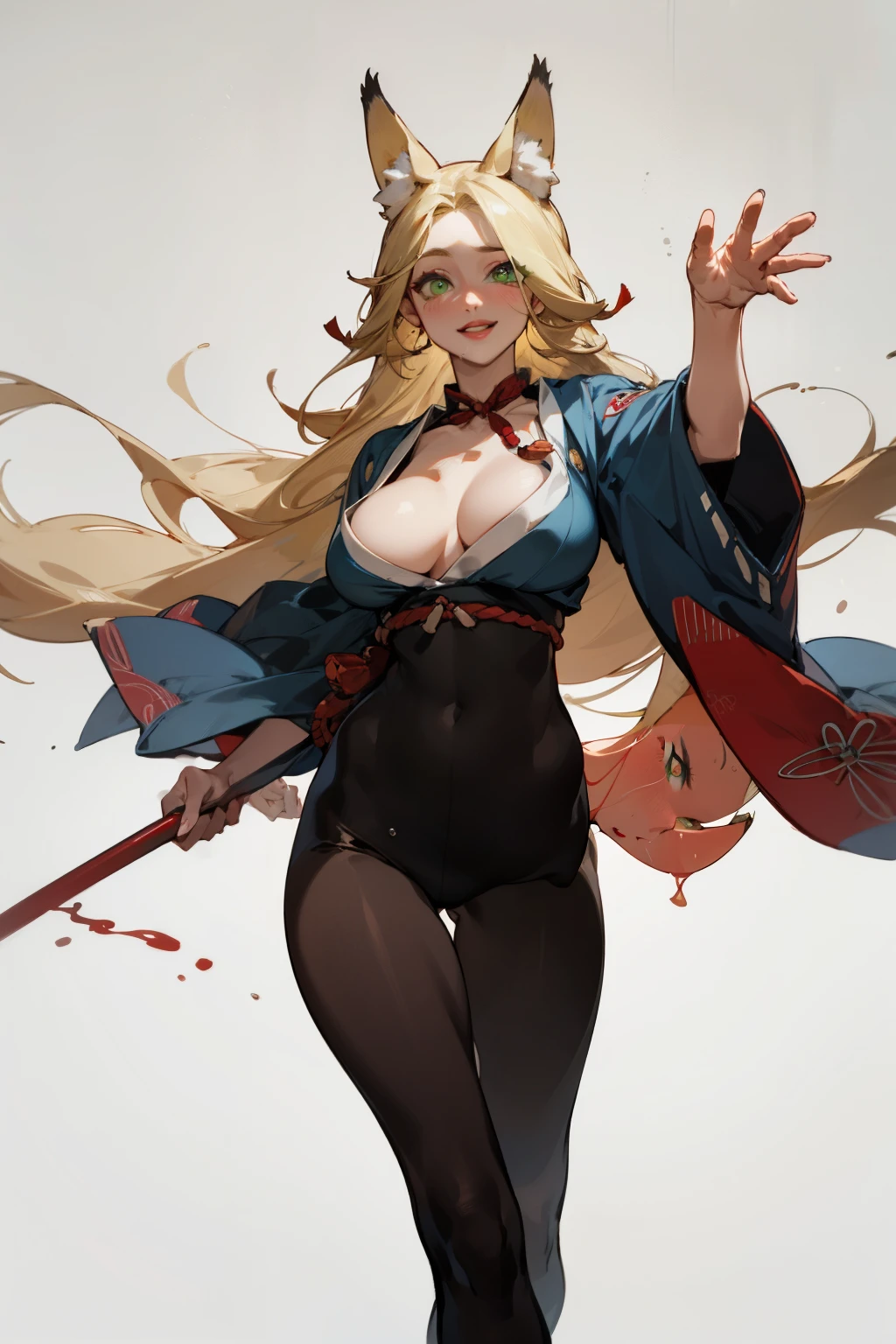 solitary,  (Fox ears), Exquisite eyes, blond hair，Facial details, Green Eyes, Red Eyeshadow, lips are red,  Fake laugh, Ukiyo-e, masterpiece, high quality, big breasts，Black tights，High heel，Exposing thighs，leaking breasts