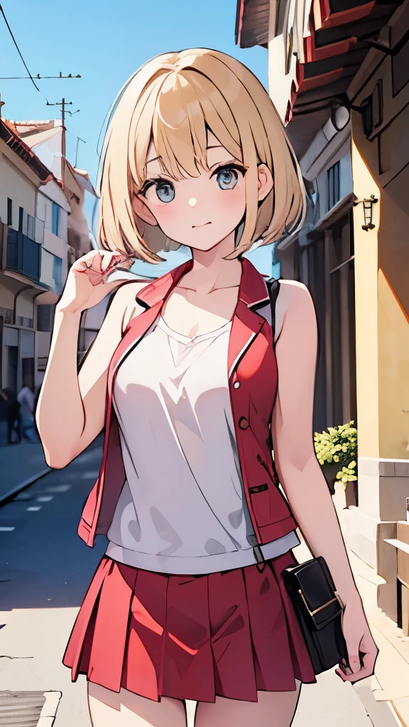 Very small breasts、parfect anatomy、One lady、cute face、ash blonde、a short bob、open vest、I can see my、boob focused、nudde、This is a hidden breast flick with no breasts.、Open chest、Clothing that shows your chest as much as possible、I can see my、Clothes with less fabric、plein air、the street、Streets in Spain、Gaudí architecture、ultra-detailliert、High quality detailing、Out-of-spec、Red mini skirt