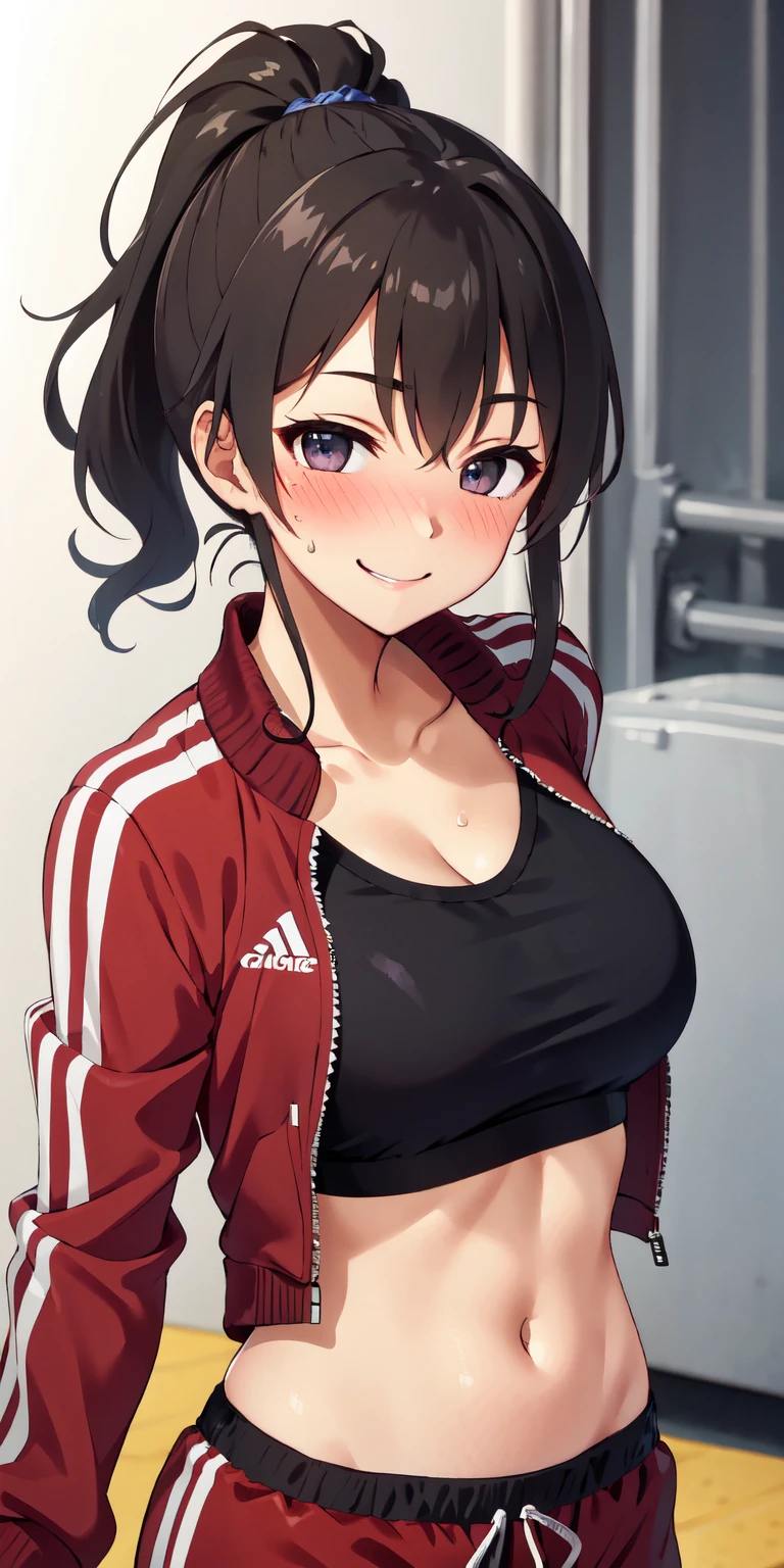 (highest quality:1.3), ponytail, round chest, Cleavage, open track jacket, Sweat pants, smile, (throw, Close-up shot, Blushing:1.2), Warehouse Background