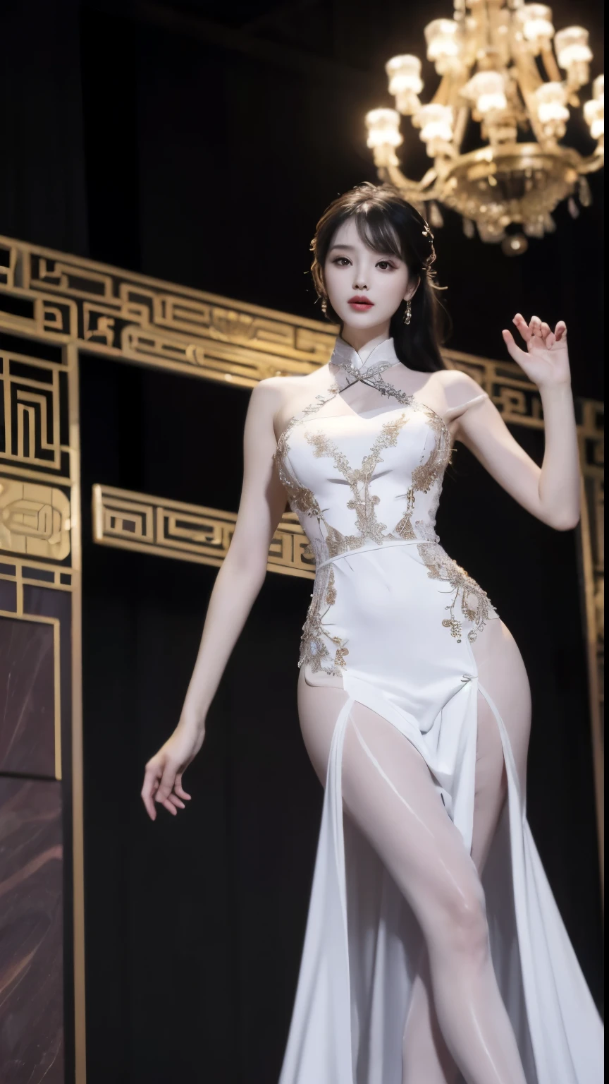 Music goddess, real person, super picture quality, 8k, dignified and elegant, perfect figure, exquisite makeup, delicate skin, charm and dignity, elegant long dress, wonderful performance on the music stage, Chinese women, delicate and smooth skin, white skin Beautiful, long legs, hourglass waist, black pantyhose, short blond hair,Perfect hands, slender fingers, perfect fingers,