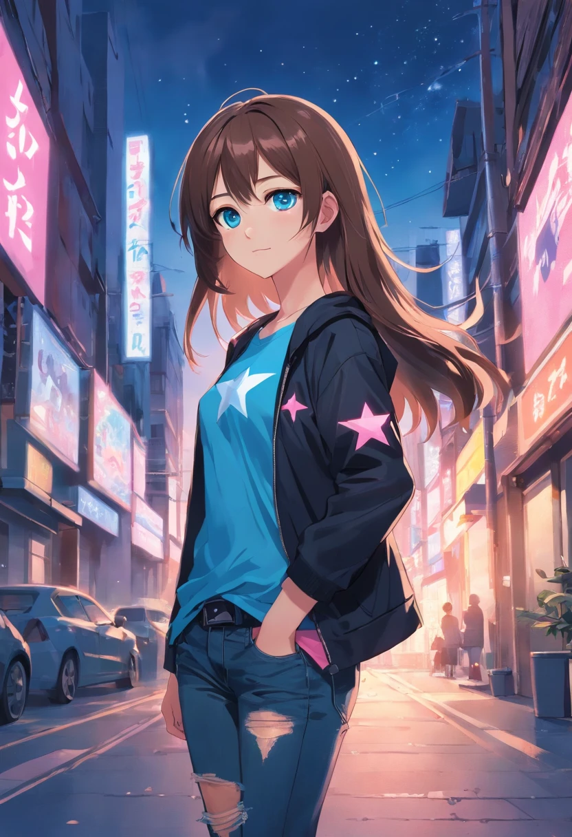 Girl with long brown hair,Blue eyes, T-shirt with pink star, black jacket, ripped jeans.