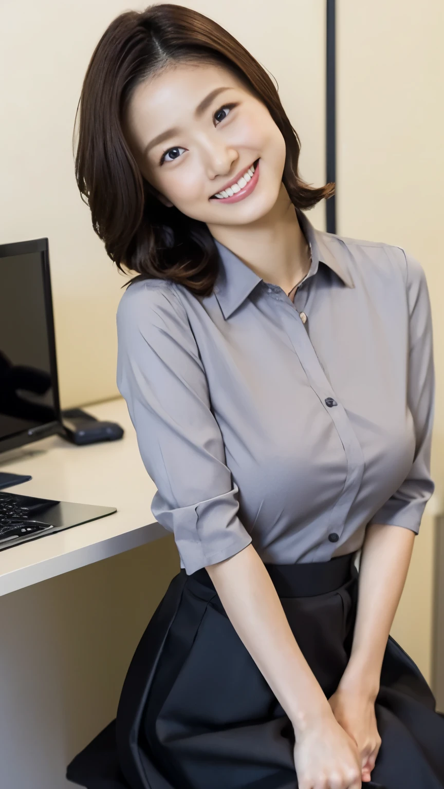 1 Japanese female,OL、office、Mid Shot、Shiny skin,smile、愛らしいsmile、Laughing with your mouth open、officeの服装、Black Hair、Business shirts、Tight shirt、The bust is large、Slightly chubby、Grey tight skirt、mini skirt、Panties、Black Hair、pumps,highest quality,Very delicate and beautiful 8K,Very high resolution,,Beautiful detailed girl,Realistic、officeの中、officeのSit on a chair、Computer Desk、Beautiful appearance、Sit on a chair、Spread your legs、Spread your legs、Panties、I can see your thighs、