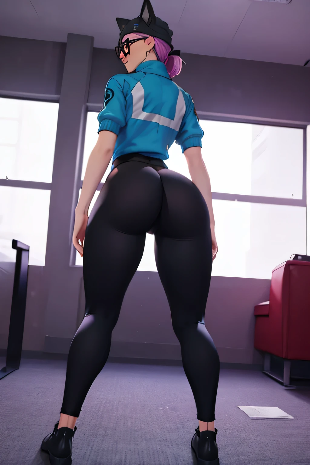 Gaming Zone Lynx Negro con gafas, leggins azul, chaqueta negra, fuckin ass