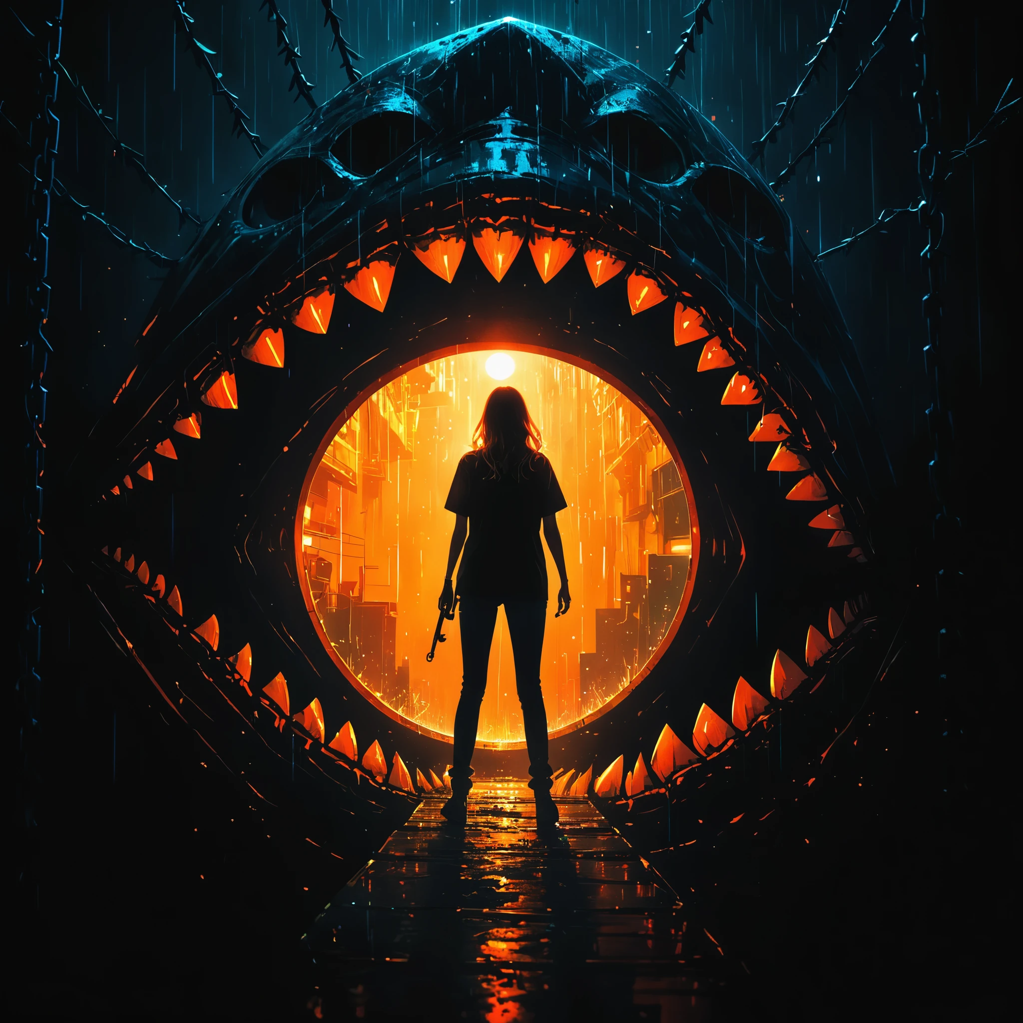 Portrait of a mysterious giant eye, indoor, Fluorescent illumination, (((Darkness shrouded,black background,shadow, extreme darkness,Dark atmosphere))), Wall background, (Fluorescent RED Skull pattern graffiti), 1girl, Oversized black T-shirt, big Breast, Waistless T-shirt, orange fluorescent hair, Fluorescent orange eyes, long hair, Messy hair, Low rise denim shorts, orange eye shadow, (Vanishing point, Vines Covered Foreground), Grin, Open your mouth, evil smiley, trigger finger, Shark Teeth, Dark and Edgy, Surrealist elements, expressive brushstrokes, dynamic composition, extreme detail description, chain, barbed wire, wooden stake, (red moonlight), heavy rain, silhouette, cowboy shot, Depth of Field, Cubist Futurism, cinematic lighting, motion blur, optical illusion, UHD, retina, masterpiece, ccurate, high details, high quality, best quality