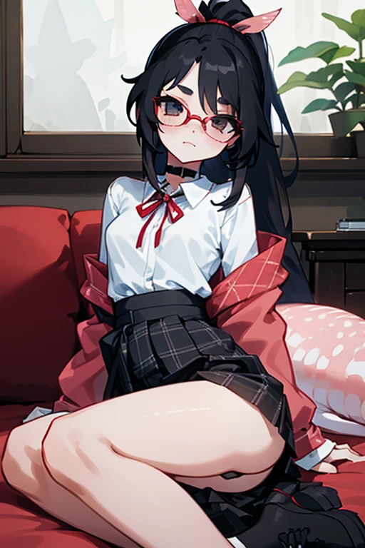 an 18 year old Japanese girl who stands at a height of 175 cm. She has pretty and elegant features, befitting that of royalty. She has long, straight black hair which she keeps tied in a ponytail with a red ribbon, leaving the bangs and sides to frame her face. She's wearing red square-rim glasses. Her eyes are crimson red. She's wearing a medium-length black cotton plaid skirt, a white uniform shirt with a red ribbon around the collar and a pair of black leggings. She wears black sports sneakers. She's wearing a black choker. She has a slim build, with small arms, a slim waist, slender and shapely legs and a small, cute ass. Her perky breasts sit at a comfortable C-cup. She has the pink gills of an axolotl adorning each side of her face, and a 4 foot long pink axolotl tail. She is sitting on a couch in a modern indoors environment with her hands in her lap, looking neutrally at the camera.