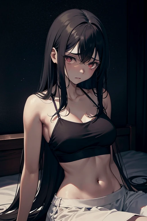 In the dimly lit room, an anime-style depiction of a dark-skinned girl lies in agony on her bed. Her lithe figure is clad in a cami crop top that exposes her slim, starved stomach, the ribs beneath visible through the thin fabric. Her long skirt hangs loosely around her, undisturbed by any movement. The girl's expression is one of immense pain and suffering, her large, expressive eyes filled with anguish and despair. Her dark hair falls around her face in loose waves, a stark contrast to her pale complexion. Her hands cradle her abdomen, fingers digging gently into her skin as if trying to ease the pain that